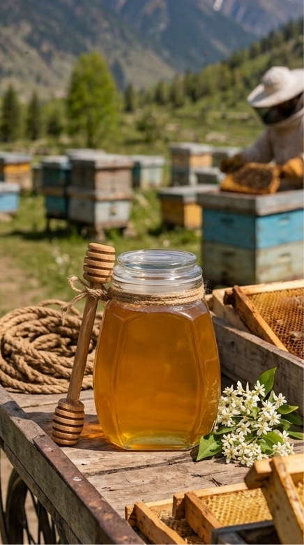 A partner beekeeper tending honey frames in a flowering Kashmir meadow