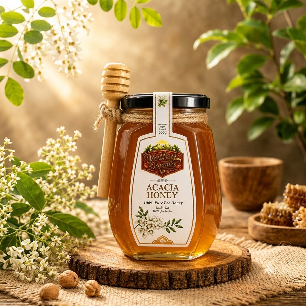 Jar of Acacia Honey with delicate white acacia blossoms