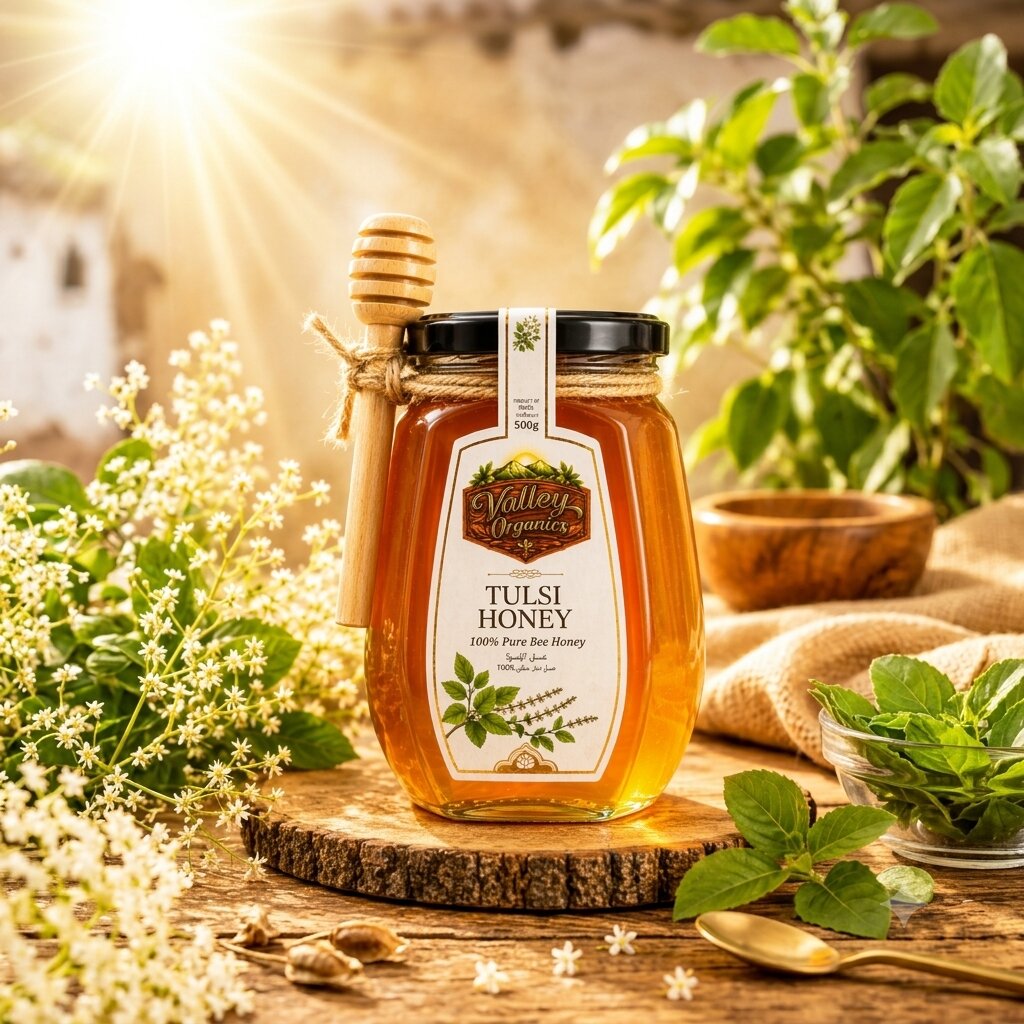 Jar of Tulsi Honey with fresh holy basil leaves