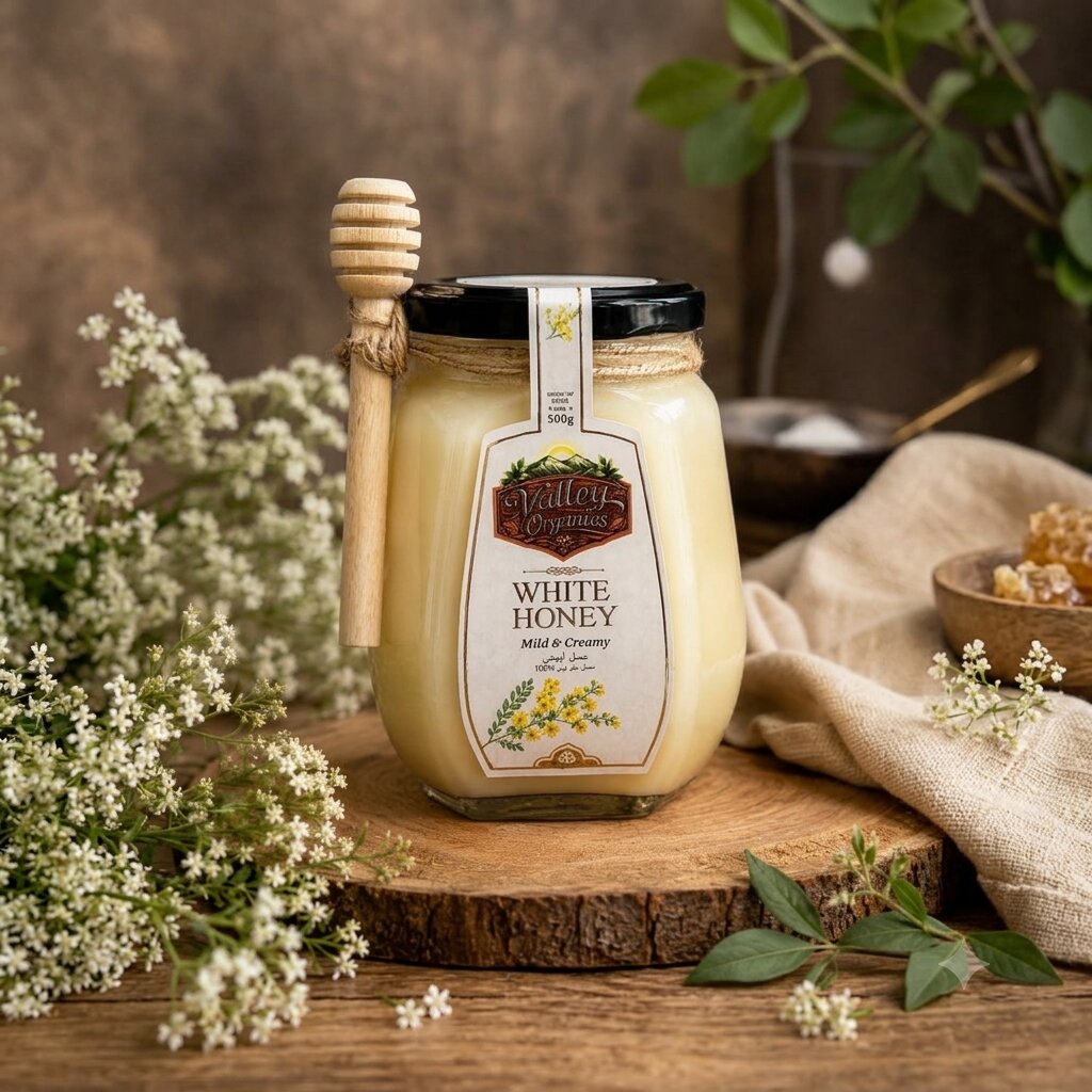 Jar of White Honey surrounded by mustard flowers