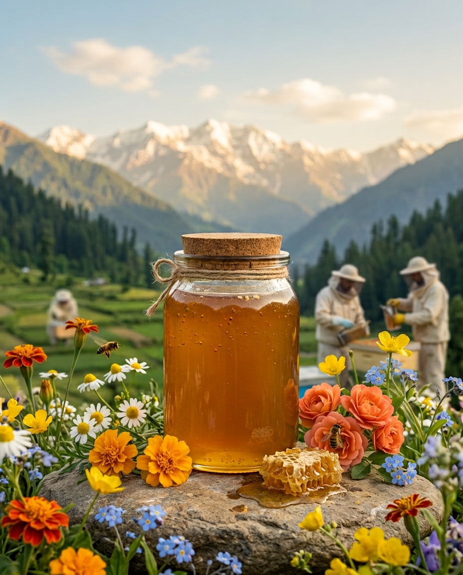 Swirling raw honey texture with soft golden light